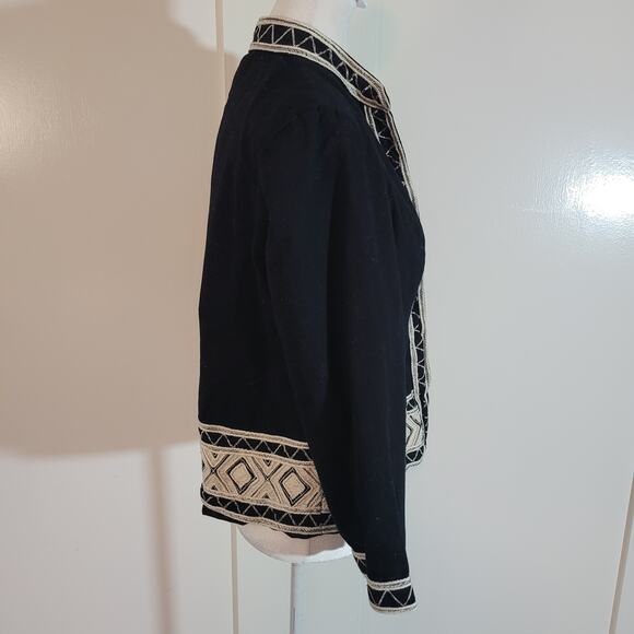 Chico's Size 1 US M Open Front Jacket Black and White Geometric Hems Layer - Picture 2 of 8